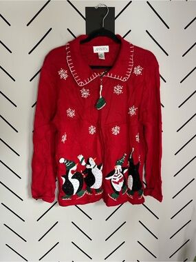 Vintage 2002 Christmas Cardigan: Penguin Snowflake Knit Sweater skating 3D